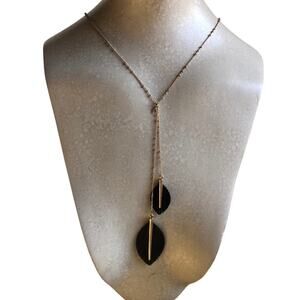 Gold Tone Small Gold Beads Black Fringed Feathered With Gold Bar Lariat Necklace